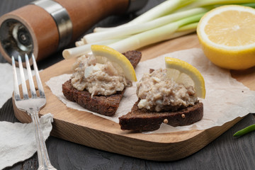 minced herring fillet with apple and egg on toasted rye bread, homemade traditional Jewish cuisine dish forshmak, snack or appetizer