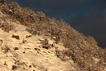 Mountain hut in the winter snow covered landascape.savsat/artvin/turkey