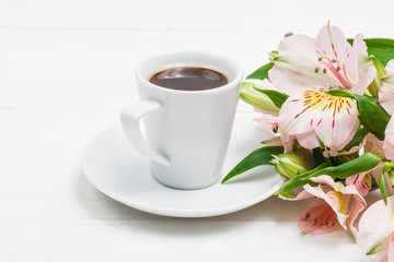 Woman's work place in bed. Top view. Breakfast