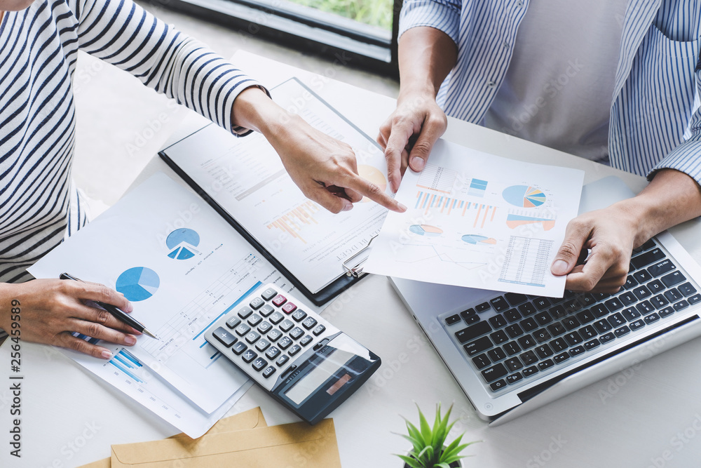 Aufkleber Business team collaboration discussing working analysis with financial data and marketing growth report graph in team, Meeting Talking Brainstorming Communication Concept