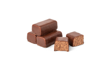 Chocolate sweets with praline isolated on white background.