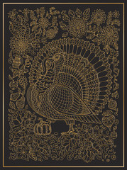 Ornate bird, fantastic pumpkin, flowers and vegetables. Golden linear ornaments on a Black background. Vector decorative stylized turkey silhouette. T-shirt print. Thanksgiving Day Batik print