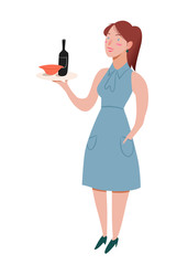 Waitress. Nice girl smile with tray in hand. Female standing in a dress of blue color, holds a tray with dish and bottle of wine.  Character illustration isolated. People vector illustration.