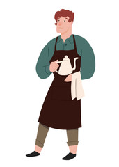 Barista. Man with coffee pot in hand and napkin. Modern guy with red hair in the apron. Employee of the coffee house. Character illustration isolated on white. People vector illustration.