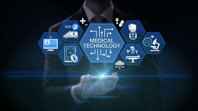 Businessman click smartphone, 'MEDICAL TECHNOLOGY' and various future medical vector icon in hexagon, 4k animation.