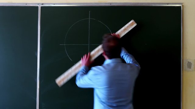 Math teacher explaining angular functions. Sinus and Cosinus on a example in a classroom.