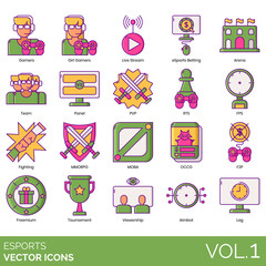 Esports icons including gamer, girl, live stream, betting, arena, team, panel, PVP, RTS, FPS, fighting, MMORPG, MOBA, OCCG, F2P, freemium, tournament, viewership, aimbot, lag.