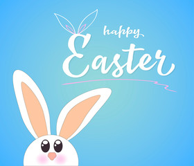 Cute Easter rabbit. Lettering Happy Easter on blue background, illustration.