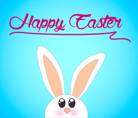 Cute Easter rabbit. Lettering Happy Easter on blue background, illustration.