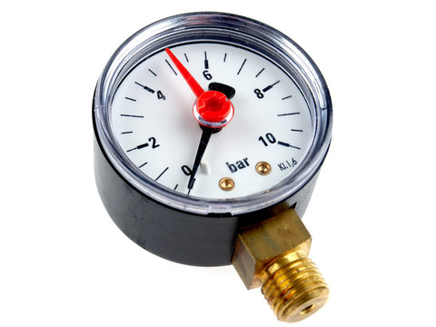 Manometer or pressure gauge for water pump installations, isolated on white