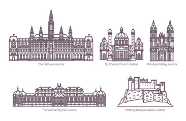 Fototapeta premium Set of isolated Austria landmarks in thin line