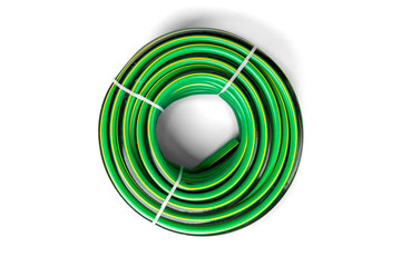 Green garden hose isolated on white background. 