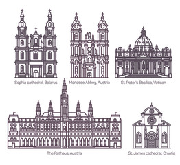 Set of isolated cathedral architecture line signs