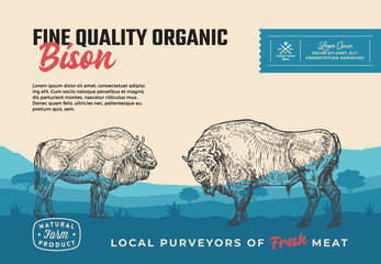 Fine Quality Organic Bison. Abstract Vector Meat Packaging Design or Label. Modern Typography and Hand Drawn Buffalo Bulls Silhouettes. Rural Pasture Landscape Background Layout with Banner