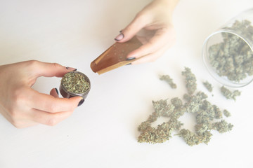 Woman rolling a marijuana joint on white background. Marijuana use concept. Close up of marijuana...
