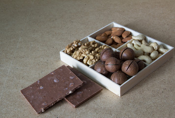 Almonds, walnuts, cashews, macadamia and chocolate