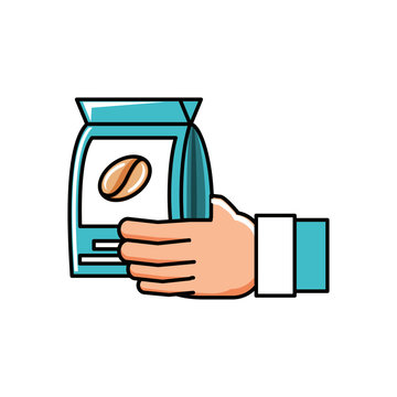 hand with bag coffee isolated icon