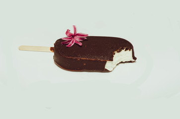 Eskimo. Sundae in chocolate. Ice cream on a stick. Ice cream decorated with a flower.