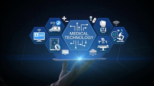 Lifting smart pad, 'MEDICAL TECHNOLOGY' and various future medical vector icon in hexagon, 4k animation.