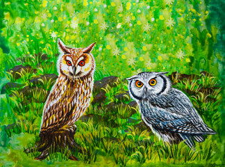 Two owls are sitting on the grass in the forest - watercolor painting