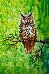 Owl sitting on a branch on a background of abstract nature - watercolor painting
