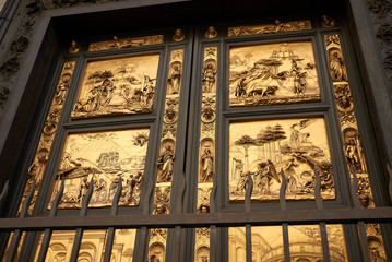 Florence, Italy - February 27, 2019 : Details of the Florence Baptistery (Battistero di San Giovanni) Gates of Paradise by Lorenzo Ghiberti