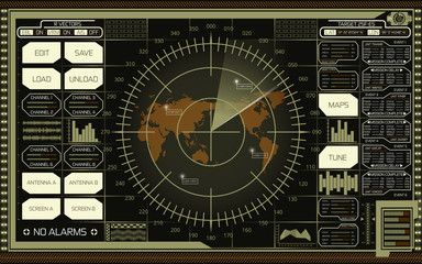 Digital radar screen with world map, targets and futuristic user interface of green, white and brown shades on dark background