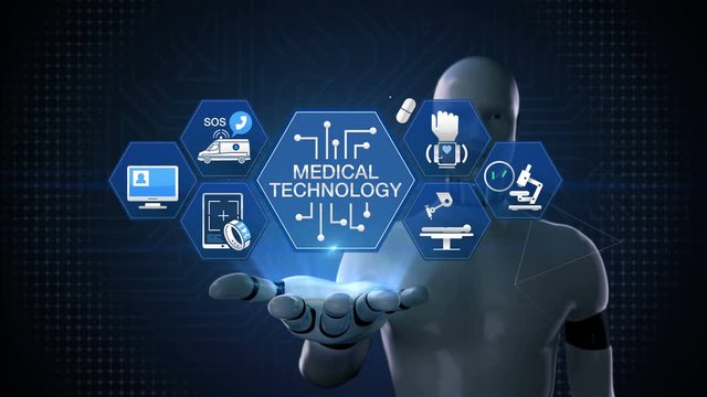Robot, cyborg opens palm, 'MEDICAL TECHNOLOGY' and various future medical vector icon in hexagon, 4k animation.