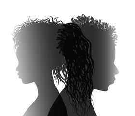 Isolated African American couple silhouette. Divorced man and woman. Divorce concept. End of the wedding. Separation between groom and bride