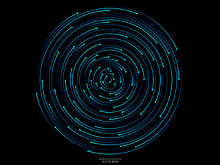 Abstract orbits circle ring movement line in blue green light isolated on black background. Vector graphic in concept AI technology, science, music