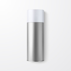 Vector 3d Realistic Silver Blank Spray Can, Spray Bottle Closeup Isolated on White Background. Design Template of Sprayer Can for Mock up, Package, Advertising, Hairspray, Deodorant. Top View