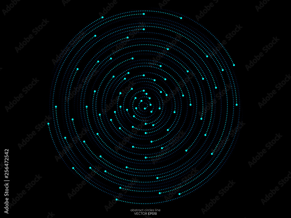 Poster abstract orbits circle ring movement dots line in blue green light isolated on black background. vec
