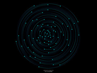 Abstract orbits circle ring movement dots line in blue green light isolated on black background. Vector graphic in concept AI technology, science, music © korkeng