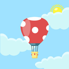 Fototapeta premium Hot air balloon in the sky with clouds isolated on blue background. Aerospace with basket. Flat cartoon design. Vector illustration.