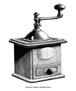 Antique engraving illustration of Coffee grinder black and white clip art isolated on white background