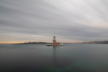 Maiden Tower (Tower of Leandros, Turkish: Kiz Kulesi) tranquil scenery at the entrance to Bosporus Strait in Istanbul, Turkey (KIZ KULESI – SALACAK-USKUDAR)