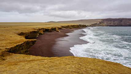 Road Trip from Nazca to Paracas Reserve Exploring the Coast of Peru with its Mountains, Cliffs and The Cathedral Rock on the Pacific Ocean