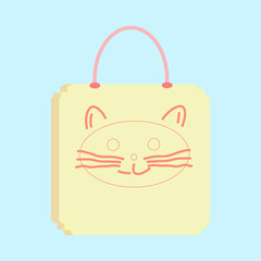 Shopping paper bag with kitty face isolated on blue background. Gift, present, box for shopper. Vector flat illustration, icon.