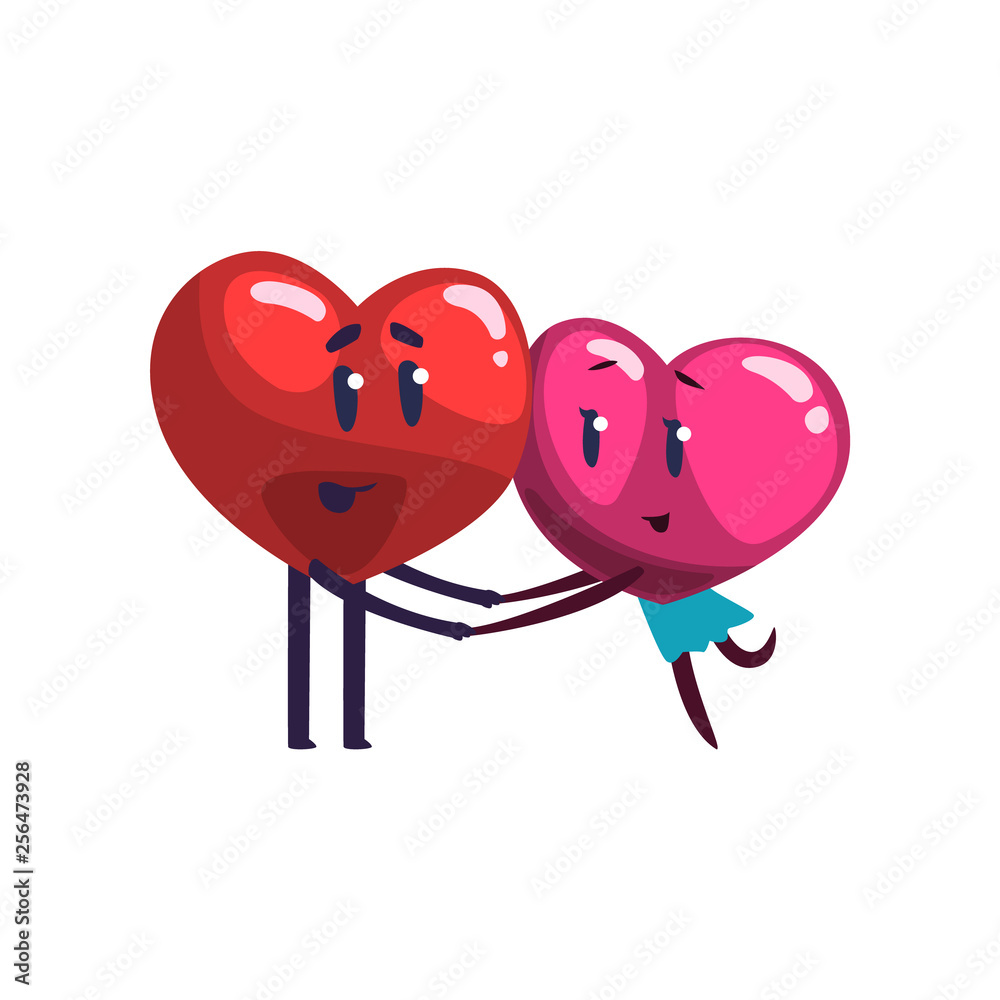 Wall mural Cute red and pink hearts characters embracing, funny couple in love. Happy Valentines Day concept cartoon vector Illustration