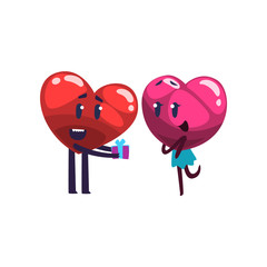 Red heart giving gift box to pink heart, funny couple in love characters. Happy Valentines Day concept cartoon vector Illustration