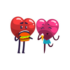 Cute red and pink hearts characters eating together, funny couple in love. Happy Valentines Day concept cartoon vector Illustration