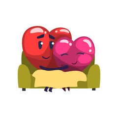 Cute red and pink hearts characters embracing while sitting on the sofa, funny couple in love. Happy Valentines Day concept cartoon vector Illustration