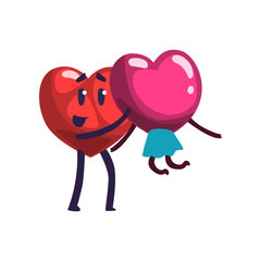 Cute red heart holding girlfriend, funny couple in love characters. Happy Valentines Day concept cartoon vector Illustration