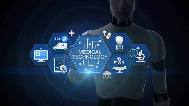 Robot, cyborg touching 'MEDICAL TECHNOLOGY' and various future medical vector icon in hexagon, 4k animation.2.
