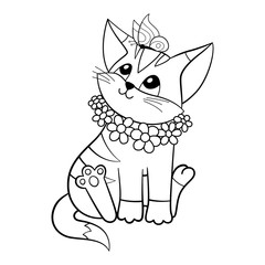 Cute cat with flowers and butterfly doodle coloring book page