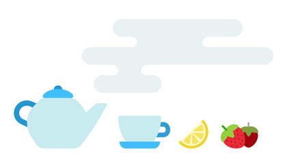 Teapot with teacup, lemon and berries vector icon flat isolated