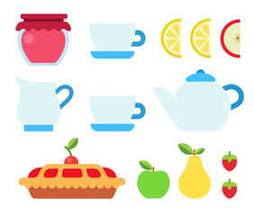 Set of products and utensils for tea drinking vector icon flat isolated