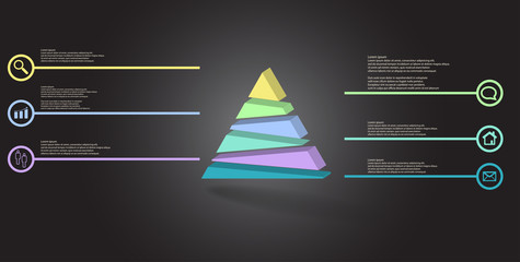 3D illustration infographic template with embossed triangle randomly divided to six parts