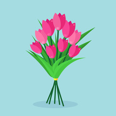 Bouquet of red tulip, bunch of flowers isolated on background. Happy woman day, 8 march, birthday, wedding concept.  Gift, present, surprise for mothers. Spring holiday. Vector flat design