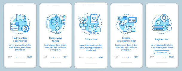 Volunteers finding onboarding mobile app page screen with linear concepts